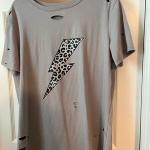 Leopard Bolt Graphic Distressed Tee - Black & Pink Accent